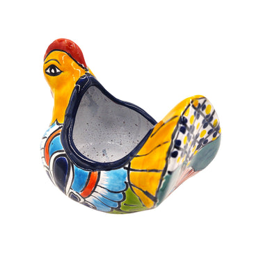 Mexican Talavera Gallina Chica (Small Chicken) Mexican Planter Pot Hand Painted Décor Hen Planter - Dark Blue Trim